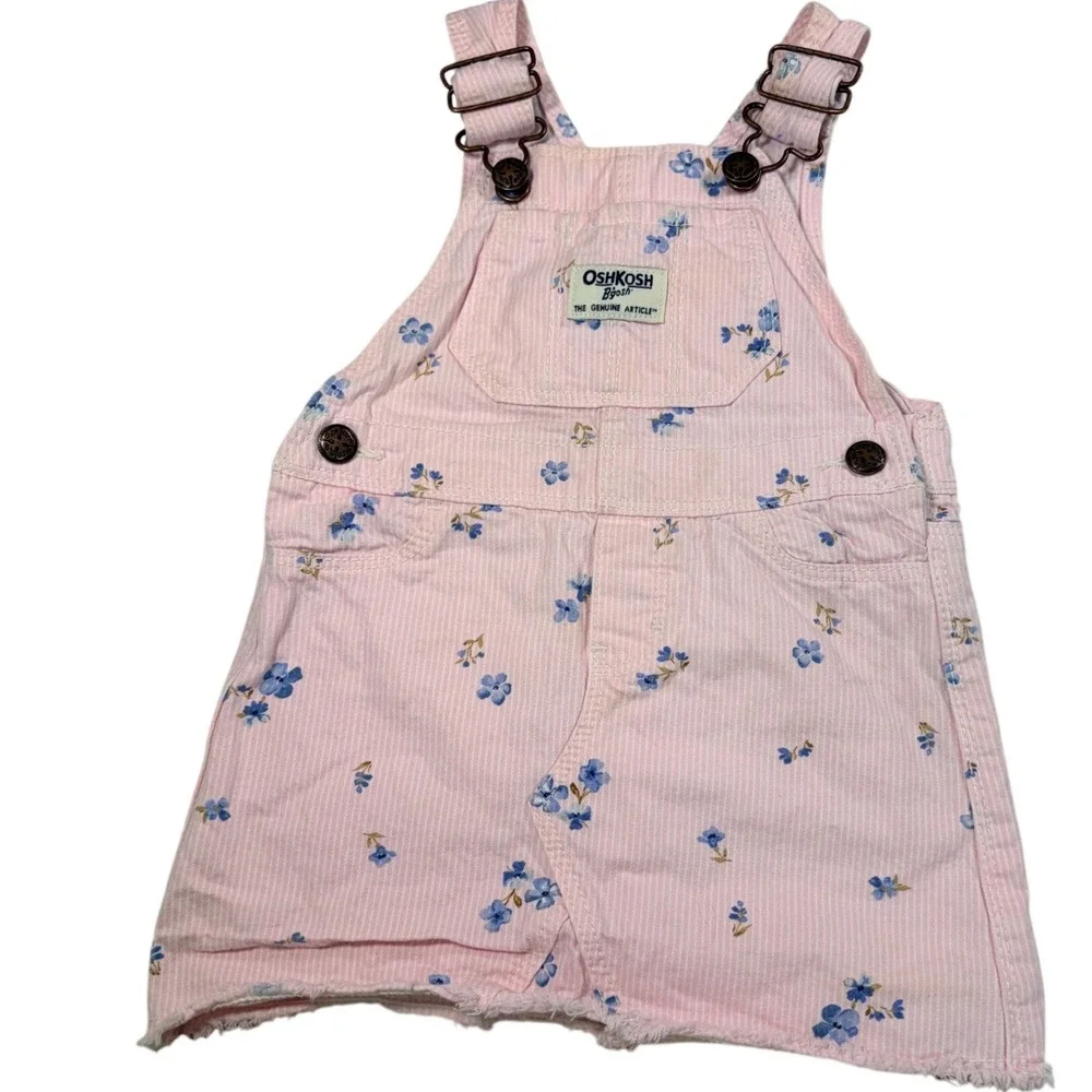 OshKosh Bgosh Baby Girls Pink Pinstripe Floral Overall Dress 18M Raw Hem